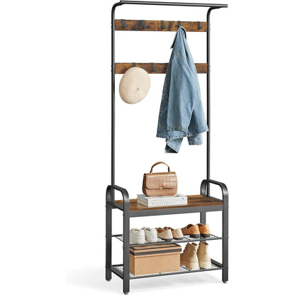 Coat Rack Hall Tree with Shoe Bench for Entryway, Entryway Bench with Coat Rack 4-in-1a